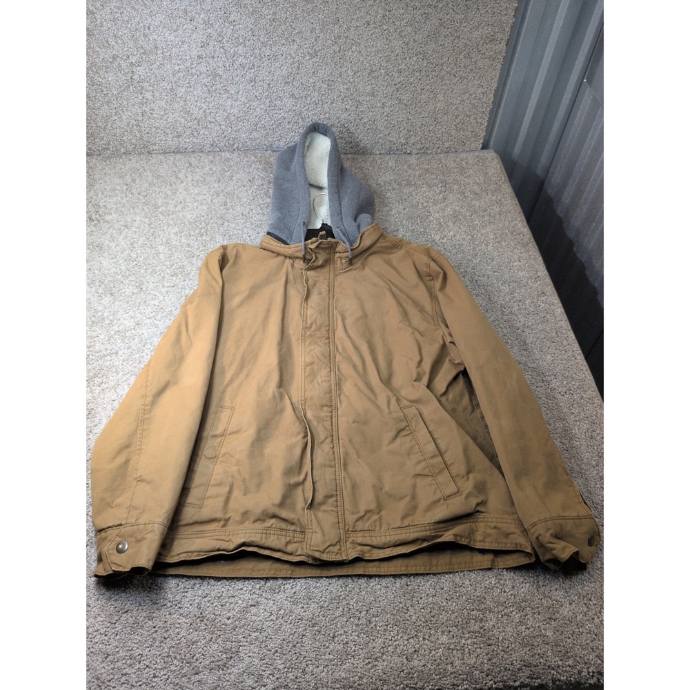 American Eagle Mens XL Tan Canvas Hooded Jacket Plaid Flannel Lined Sherpa Hood